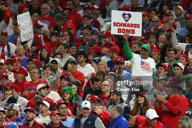 Philadelphia Phillies fan holds up a sign after a home run by Kyle Schwarber of the Philadelphia Phillies during the first inning against the Houston...