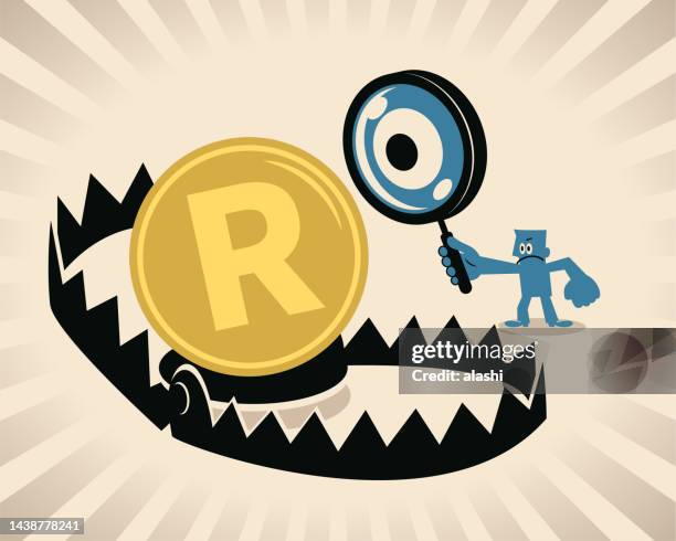 ilustraciones, imágenes clip art, dibujos animados e iconos de stock de un hombre de negocios usa una lupa para controlar una trampa para osos que usa el dinero como cebo. - south african currency