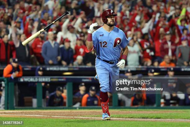 Kyle Schwarber of the Philadelphia Phillies hits a home run against the Houston Astros during the first inning in Game Five of the 2022 World Series...