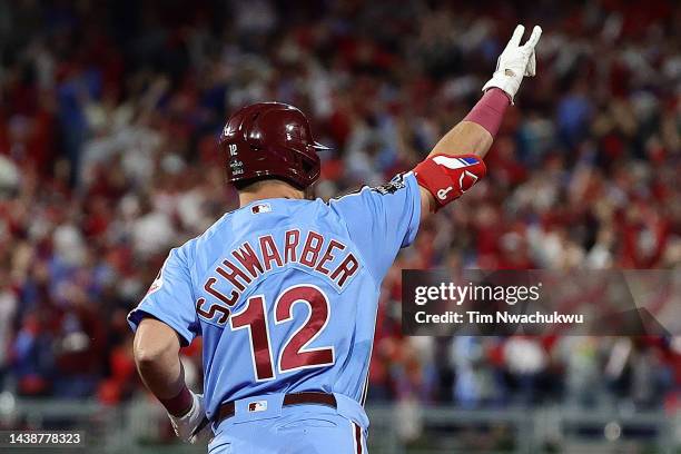 Kyle Schwarber of the Philadelphia Phillies hits a home run against the Houston Astros during the first inning in Game Five of the 2022 World Series...