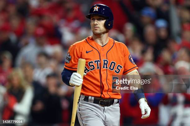 Alex Bregman of the Houston Astros reacts after striking out against the Philadelphia Phillies during the first inning in Game Five of the 2022 World...