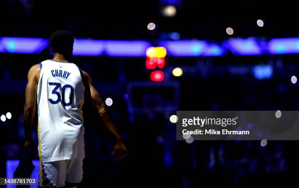 Stephen Curry of the Golden State Warriors looks on during a game against the Golden State Warriors at Amway Center on November 03, 2022 in Orlando,...