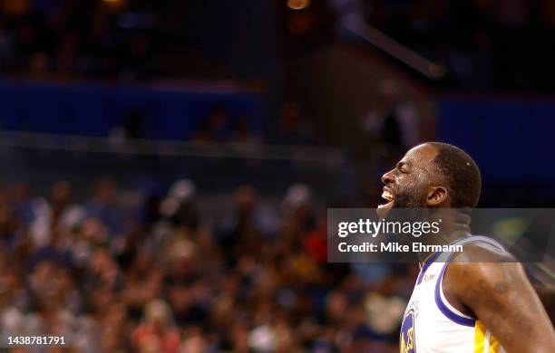 Draymond Green of the Golden State Warriors reacts to a play during a game against the Orlando Magic at Amway Center on November 03, 2022 in Orlando,...
