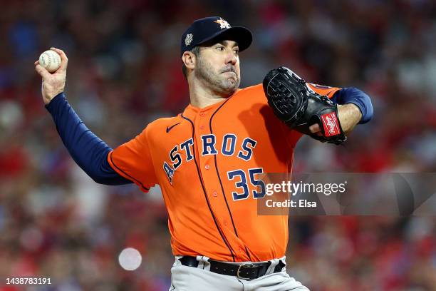 Justin Verlander of the Houston Astros delivers a pitch against the Philadelphia Phillies during the second inning in Game Five of the 2022 World...