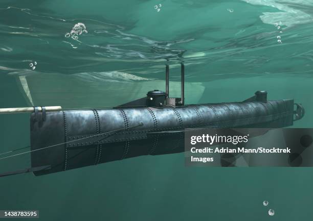 stockillustraties, clipart, cartoons en iconen met css hunley, 1864 confederate submarine, underwater view - mann