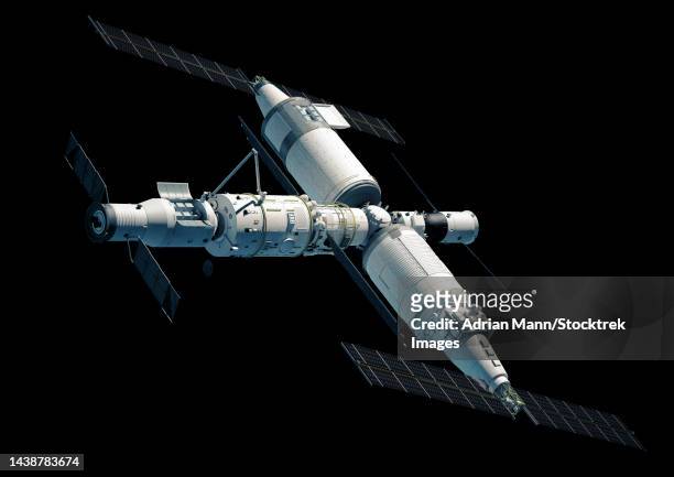 stockillustraties, clipart, cartoons en iconen met chinese space station tiangong 2022, complete view - mann