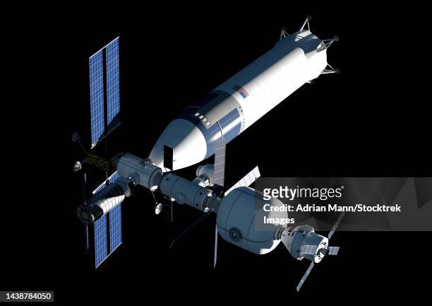 stockillustraties, clipart, cartoons en iconen met lunar gateway space station concept, with spacex lunar starship - mann