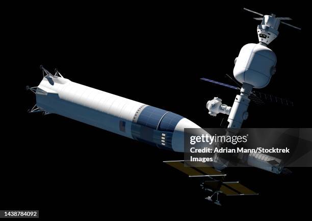 stockillustraties, clipart, cartoons en iconen met lunar gateway space station concept, with spacex lunar starship - mann