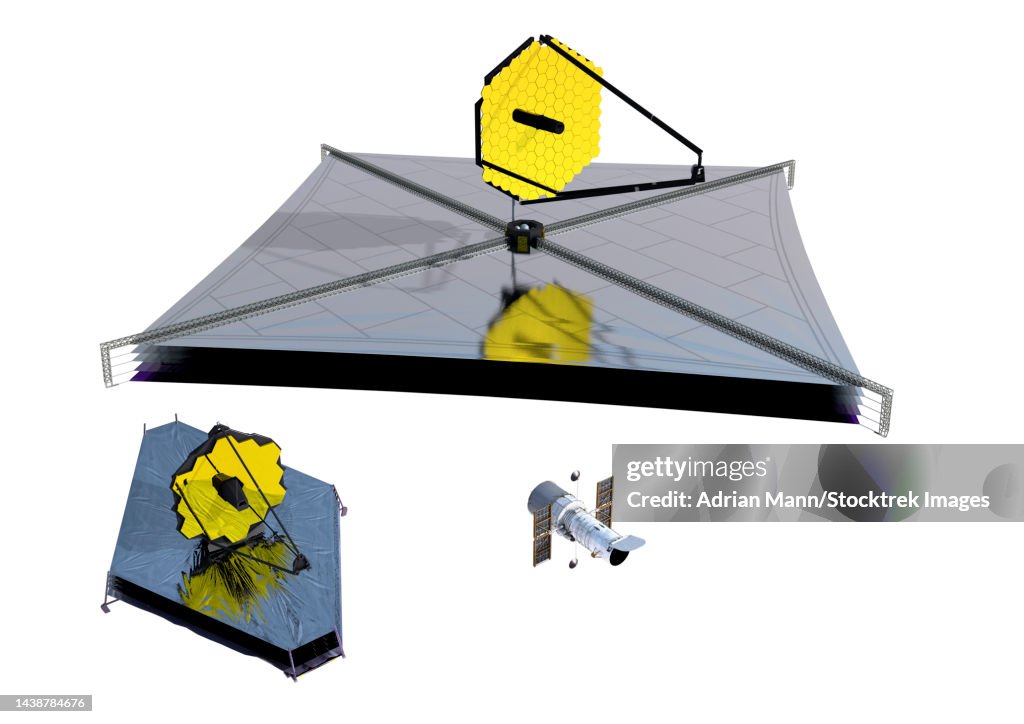 Artist's concept of the Luvoir Infrared space telescope, with James Webb Space Telescope and Hubble for comparison