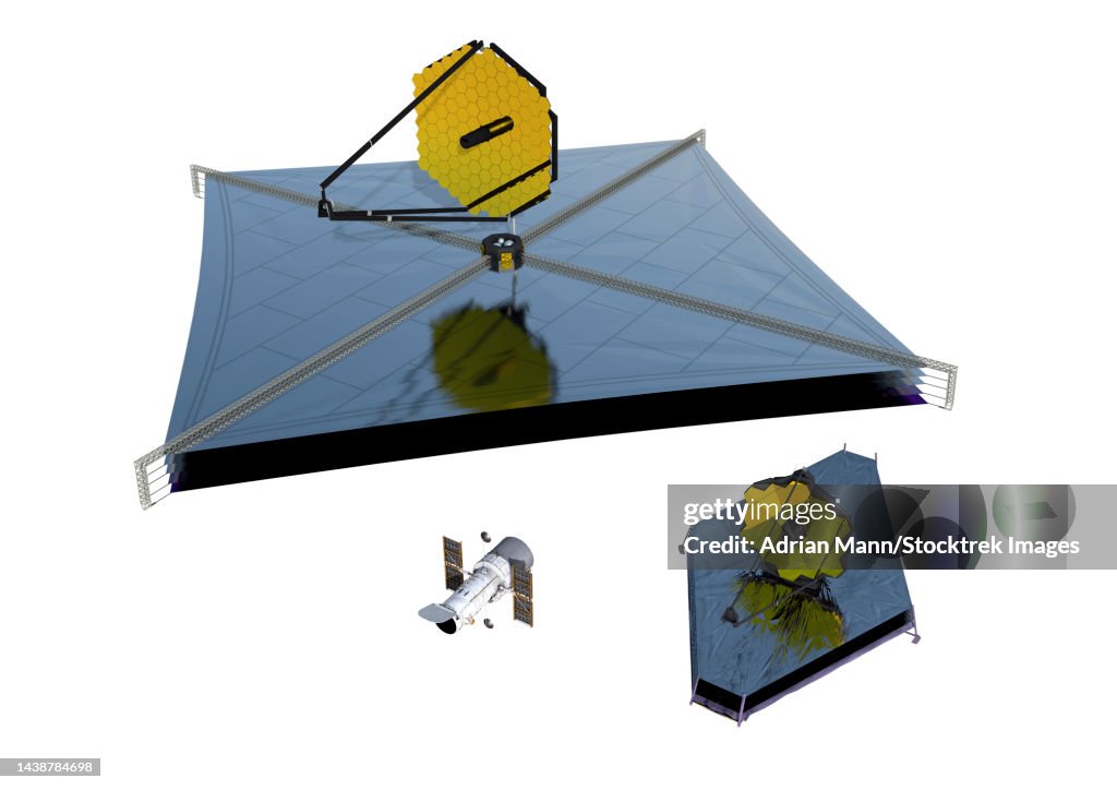 Artist's concept of the Luvoir Infrared space telescope, with James Webb Space Telescope and Hubble for comparison