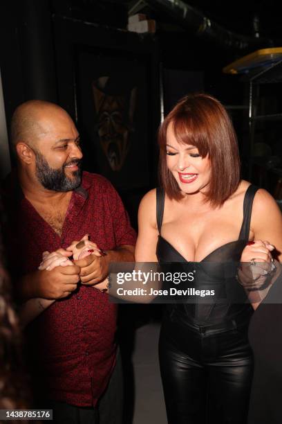 Manuel Mendoza and Gabriela Spanic moments before 'Monologos de la Vagina' play on October 28, 2022 in Miami, Florida.