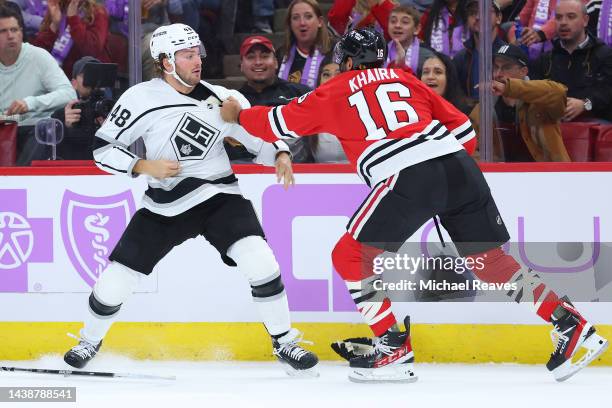 Brendan Lemieux of the Los Angeles Kings and Jujhar Khaira of the Chicago Blackhawks fight during the first period at United Center on November 03,...