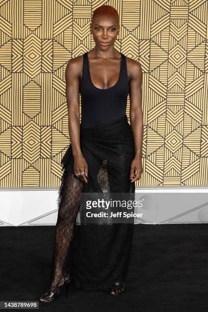 Michaela Coel attends the "Black Panther: Wakanda Forever" European Premiere at Cineworld Leicester Square on November 03, 2022 in London, England.