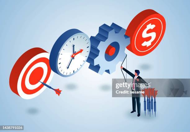 business goals, business planning and management, business advantage and efficiency, achieving business multitasking and coordinated work, businessmen with bows and arrows shooting multiple bullseyes - perfect timing stock illustrations