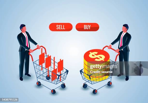 buying and selling options and decisions, isometric merchant investors or stock market traders analyze and observe the buying or selling of stocks - trading floor stock illustrations