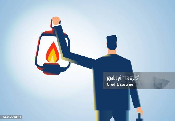 businessmen take oil lamps to light their way forward, career guidance or recruitment, business direction exploration to find success - flaming torch stock illustrations