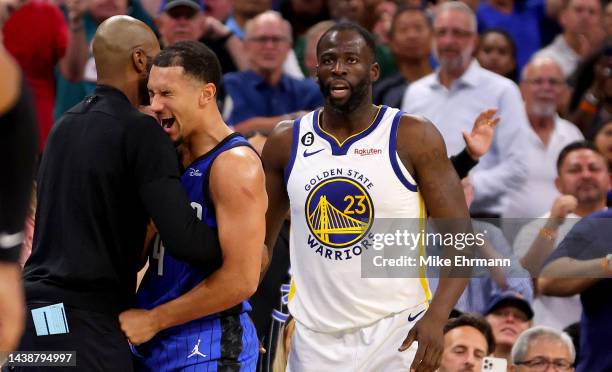 Jalen Suggs of the Orlando Magic reacts to a play during a game against the Golden State Warriors at Amway Center on November 03, 2022 in Orlando,...