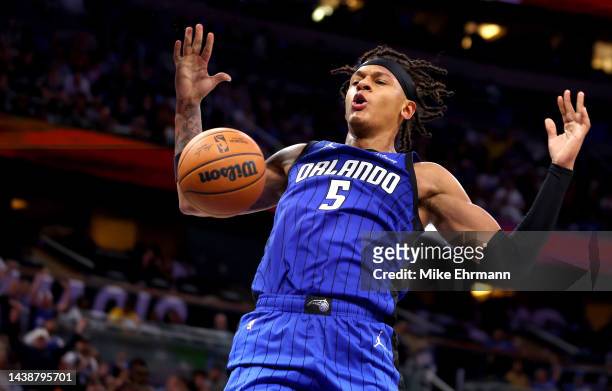 Paolo Banchero of the Orlando Magic dunks during a game against the Golden State Warriors at Amway Center on November 03, 2022 in Orlando, Florida....