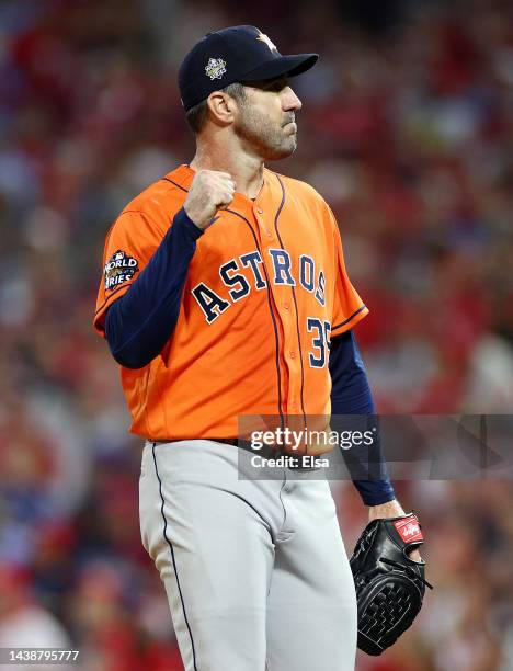 Justin Verlander of the Houston Astros reacts after the end of the fifth inning against the Philadelphia Phillies in Game Five of the 2022 World...