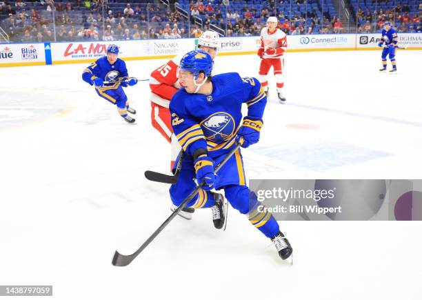 Jack Quinn of the Buffalo Sabres skates against the Detroit Red Wings during an NHL game on October 31, 2022 at KeyBank Center in Buffalo, New York.