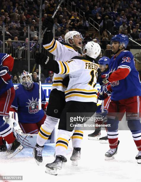 Charlie Coyle of the Boston Bruins scores a third period goal against the New York Rangers at Madison Square Garden on November 03, 2022 in New York...