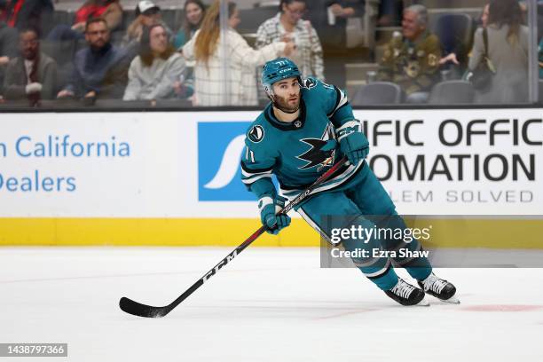 Luke Kunin of the San Jose Sharks skates against the Anaheim Ducks at SAP Center on November 01, 2022 in San Jose, California.