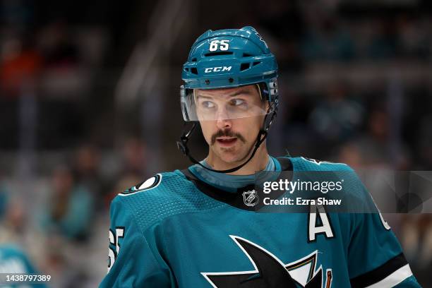 Erik Karlsson of the San Jose Sharks skates against the Anaheim Ducks at SAP Center on November 01, 2022 in San Jose, California.