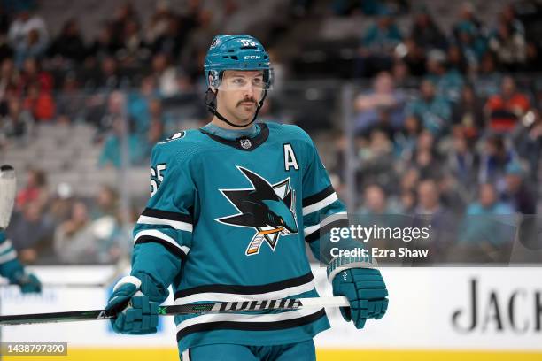 Erik Karlsson of the San Jose Sharks skates against the Anaheim Ducks at SAP Center on November 01, 2022 in San Jose, California.