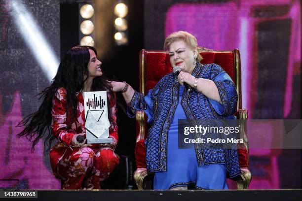 Becky G and Paquita la del Barrio performs at EstrellaTV's Premios de la Radio at Expo Santa Fe México on November 03, 2022 in Mexico City, Mexico.