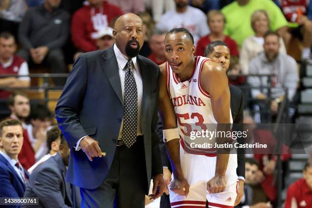 Head coach Mike Woodson talks with Tamar Bates during the first half against the Saint Francis Cougars at Simon Skjodt Assembly Hall on November 03,...