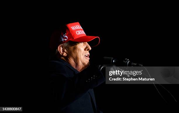 Former U.S. President Donald Trump speaks during a campaign event at Sioux Gateway Airport on November 3, 2022 in Sioux City, Iowa. Trump held the...