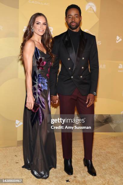 Nina Senicar and host Jay Ellis attend amfAR Gala Los Angeles 2022 at Pacific Design Center on November 03, 2022 in West Hollywood, California.