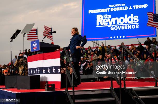 Governor Kim Reynolds speaks during a campaign event at Sioux Gateway Airport on November 3, 2022 in Sioux City, Iowa. Former U.S. President Donald...