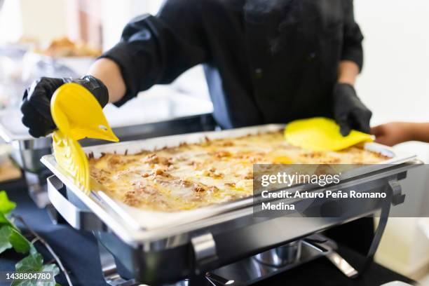 cook arranging the buffet trays with food - serving lasagna stock pictures, royalty-free photos & images