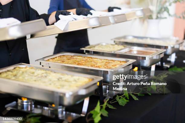 bandejas de buffet descubiertas para la selección de alimentos - industria alimentaria fotografías e imágenes de stock