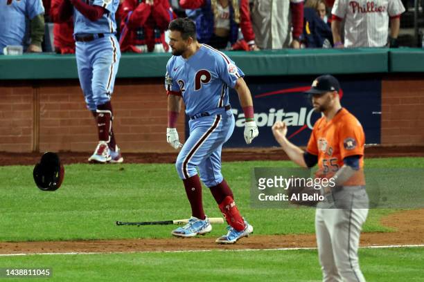 Kyle Schwarber of the Philadelphia Phillies reacts after grounding out against the Houston Astros during the eighth inning in Game Five of the 2022...