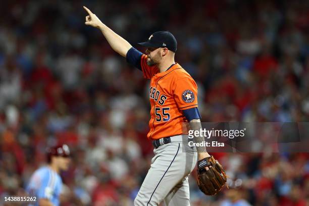 Ryan Pressly of the Houston Astros reacts during the ninth inning against the Philadelphia Phillies in Game Five of the 2022 World Series at Citizens...