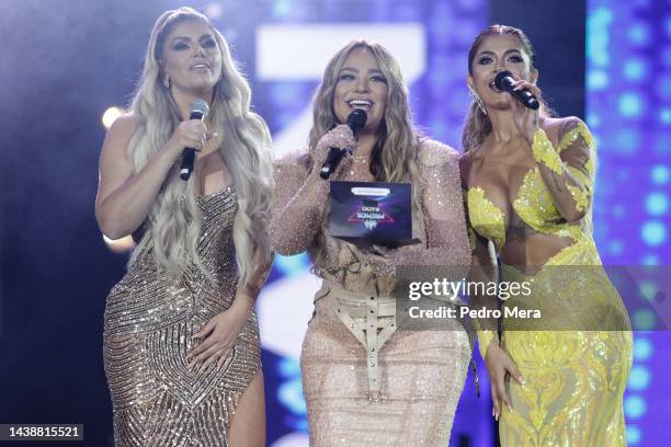 Mariana Gonzalez Mayeli Alonso and Kimberly Flores presents at EstrellaTV's Premios de la Radio at Expo Santa Fe México on November 03, 2022 in...