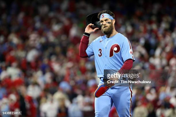 Bryce Harper of the Philadelphia Phillies reacts after losing to the Houston Astros 3-2 in Game Five of the 2022 World Series at Citizens Bank Park...