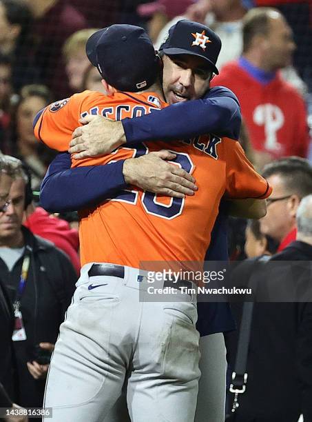Chas McCormick and Justin Verlander of the Houston Astros celebrate after defeating the Philadelphia Phillies 3-2 in Game Five of the 2022 World...