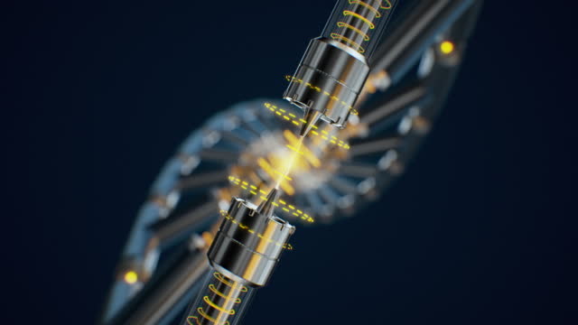 Futuristic connection in  mechancal DNA molecule in close-up turning around