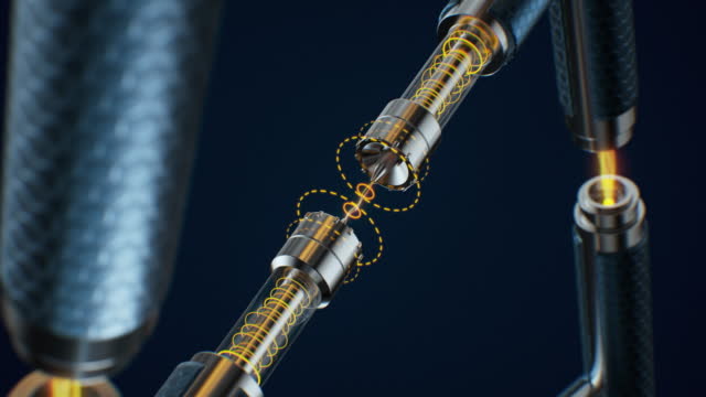 Futuristic mechanical DNA connection in close-up on a black background