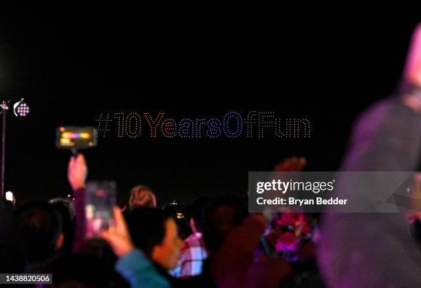 General view of atmosphere during the drone show at the Candy Crush Saga 10th Anniversary Drone Show & Party on November 03, 2022 in New York City.