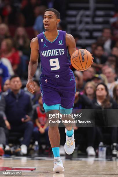 Theo Maledon of the Charlotte Hornets dribbles against the Chicago Bulls during the first half at United Center on November 02, 2022 in Chicago,...