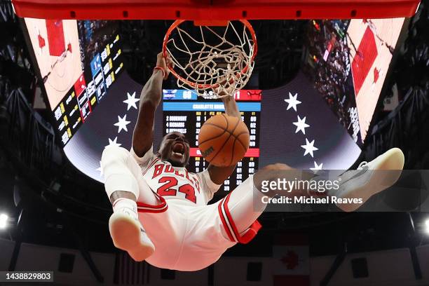 Javonte Green of the Chicago Bulls celebrates a dunk against the Charlotte Hornets during the second half at United Center on November 02, 2022 in...