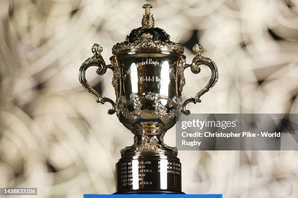 The Webb Ellis Cup stands on display during the RWC 2023 Final Qualification Tournament - Captains Photocall at the Museum of the Future on November...