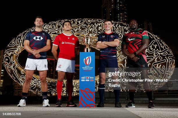 Josh Hrstich of Hong Kong, Tomás Appleton of Portugal, Alan McGinty of the United States and Daniel Sikuta of Kenya pose for photos during the RWC...