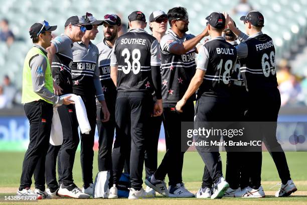 New Zealand players celebrate a wicket during the ICC Men's T20 World Cup match between New Zealand and Ireland at Adelaide Oval on November 04, 2022...