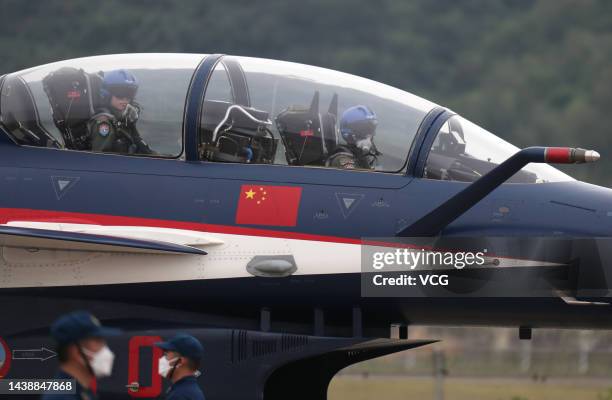 Fighter jet of Chinese air force's August 1 Aerobatic Team arrives at Zhuhai Air Show Center on November 3, 2022 in Zhuhai, Guangdong Province of...