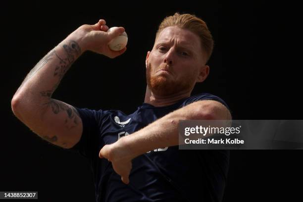 Ben Stokes of England bowls during the England T20 World Cup team training sesasion at Sydney Cricket Ground on November 04, 2022 in Sydney,...